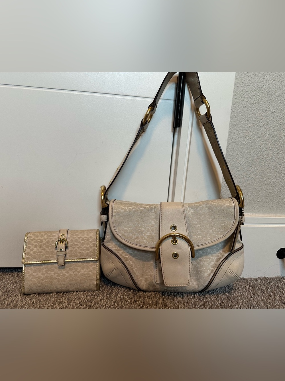 Vintage Coach Canvas Cream/White Soho Mini and Wallet Bundle